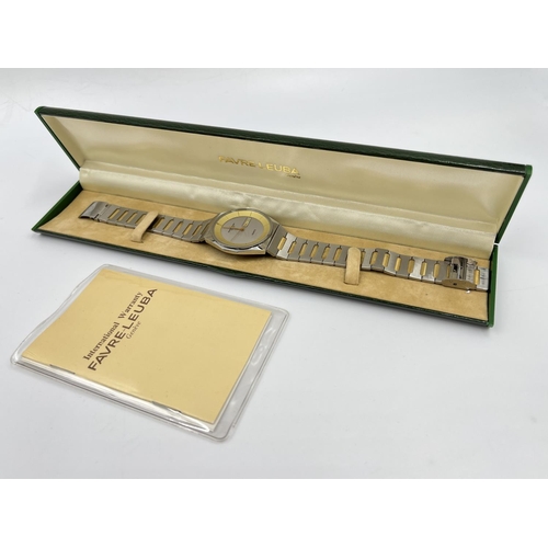 1378 - A cased Favre-Leuba Genève quartz 34mm wristwatch - ref. 5900-53 with warranty card