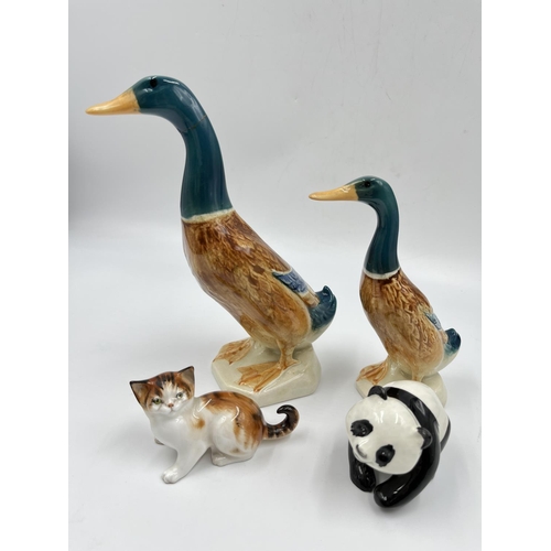 1322 - Four ceramic figurines, Beswick standing mallard duck 756-1, Beswick standing mallard duck 756-2, Ro... 