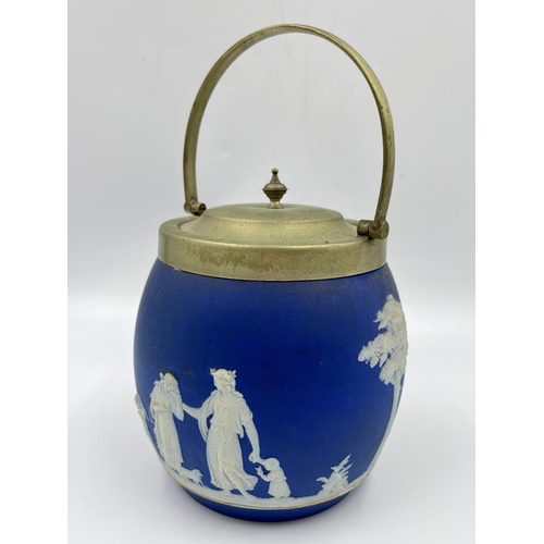 1327 - A 19th century Wedgwood blue Jasperware and EPNS biscuit barrel - approx. 14cm high