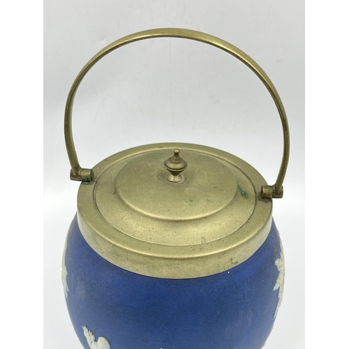 1327 - A 19th century Wedgwood blue Jasperware and EPNS biscuit barrel - approx. 14cm high