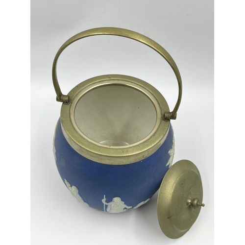 1327 - A 19th century Wedgwood blue Jasperware and EPNS biscuit barrel - approx. 14cm high