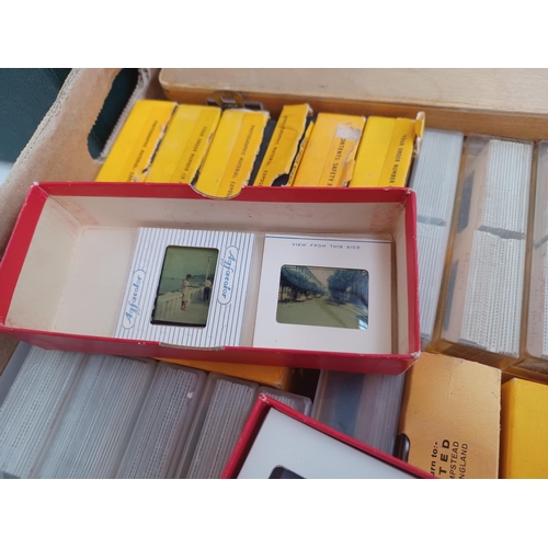 444 - Three boxes containing, boxed Boots 4000 TL slide viewer, large collection of slides, boxed colour t... 