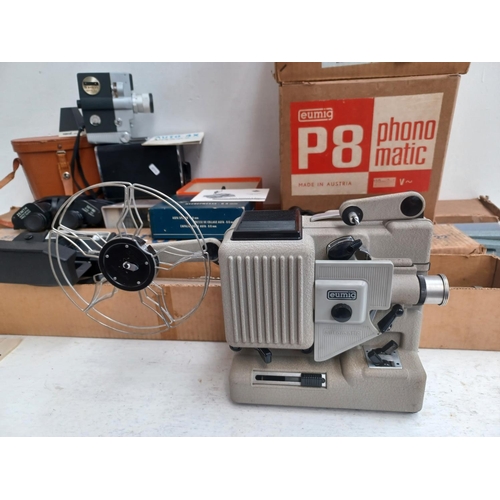 446 - A collection of items to include boxed Eumig P8 Phonomatic 8mm film projector, cased Sankyo Auto-4X ... 