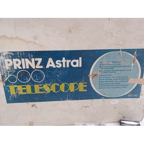 447 - Two vintage optical instruments, one boxed Prinz Astral 500 D=60mm F=910mm telescope with wooden tri... 