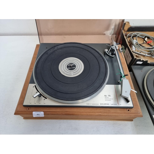 452 - Two Goldring Lenco GL75 stereo transcription turntables, one with plinth and cover