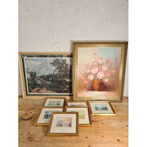 130 - Eight framed pictures to include oil on canvas of a floral still life scene signed Jane Morden, John... 