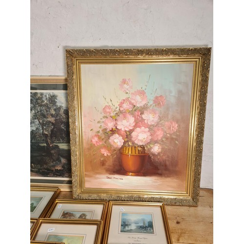130 - Eight framed pictures to include oil on canvas of a floral still life scene signed Jane Morden, John... 