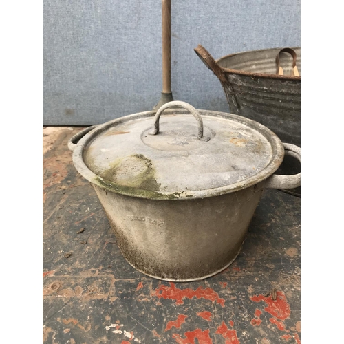 677 - Five items, two galvanised buckets, one galvanised twin handled tub - approx. 89cm wide, one Beldray... 