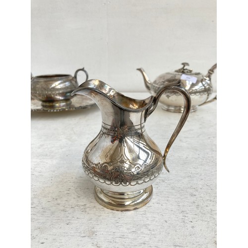 224 - Five pieces of antique silver plated ware, four piece tea/coffee set and tri-footed salver