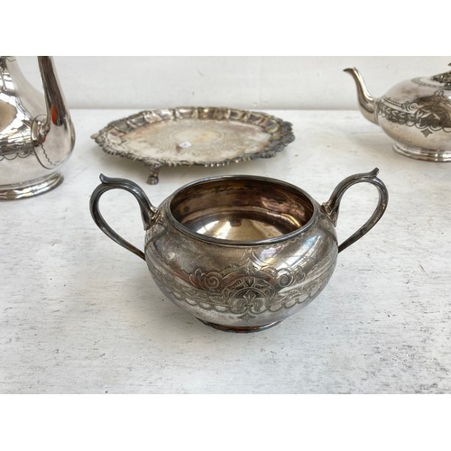 224 - Five pieces of antique silver plated ware, four piece tea/coffee set and tri-footed salver