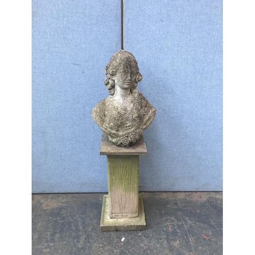 690A - A cast stone classical lady bust with pedestal support - approx. 115cm high