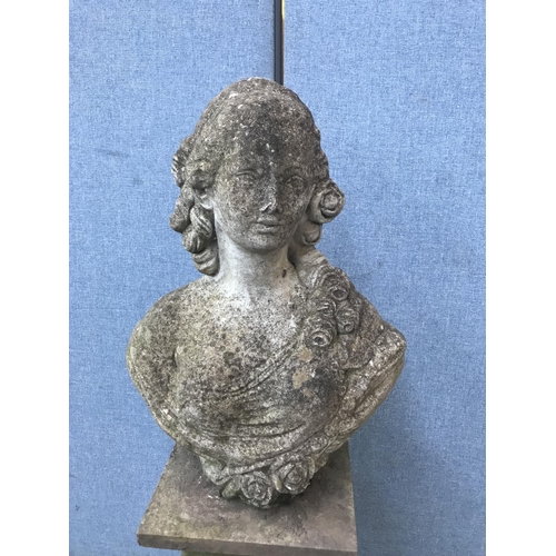 690A - A cast stone classical lady bust with pedestal support - approx. 115cm high