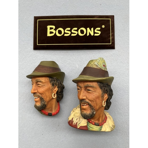 126 - Two boxed Bossons hand painted chalkware heads, one Tibetan wall plaque and one Chensing shelf ornam... 
