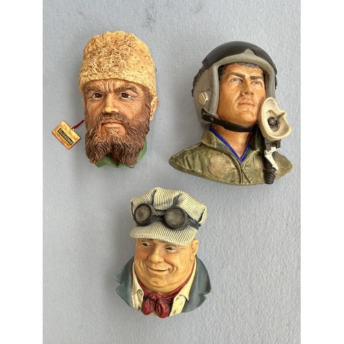 75 - Three boxed Bossons hand painted chalkware head wall plaques comprising 1996 Cossack, 1992 Steam Rai... 