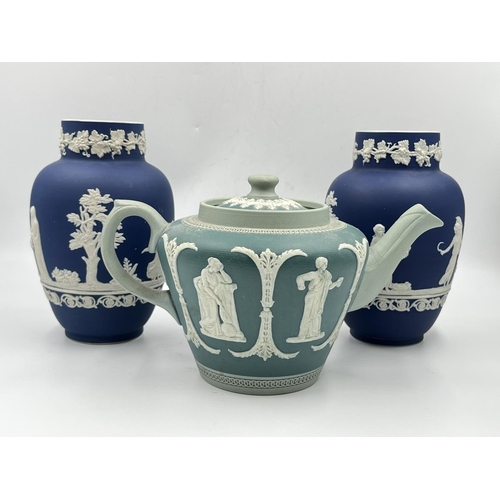 16 - Three pieces of antique Jasperware, two Adams cobalt blue 17.5cm vases and one Dudson Brothers green... 