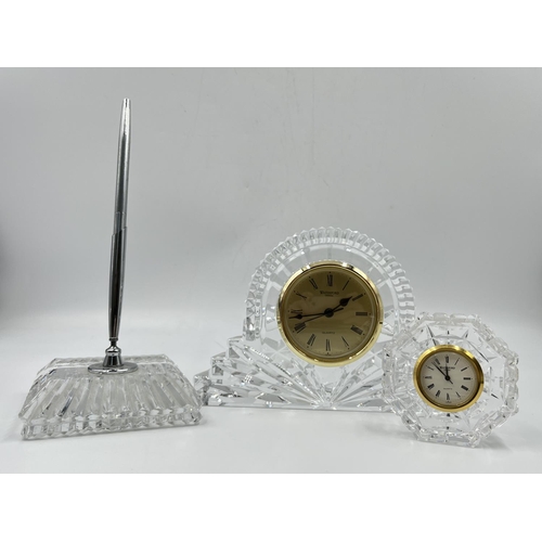 35 - Three pieces of Waterford crystal glassware comprising quartz mantel clock - approx. 12cm high x 18c... 