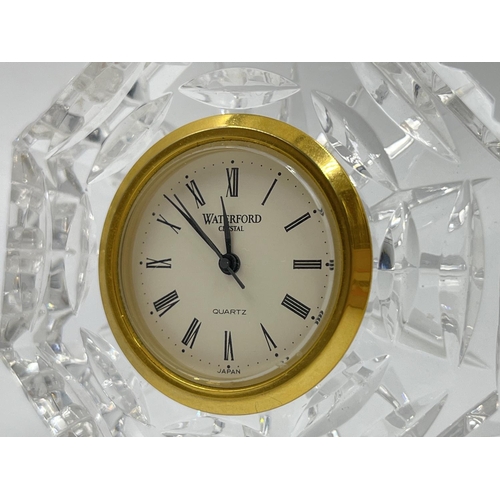 35 - Three pieces of Waterford crystal glassware comprising quartz mantel clock - approx. 12cm high x 18c... 