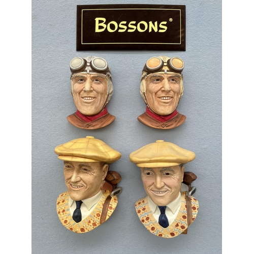 111 - Four boxed Bossons hand painted chalkware head wall plaques, two Nuvolari and two Golfer