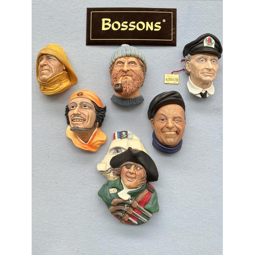 115 - Six boxed Bossons hand painted chalkware head wall plaques to include Sinbad the Sailor, Fisherman, ... 