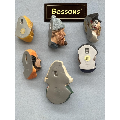 115 - Six boxed Bossons hand painted chalkware head wall plaques to include Sinbad the Sailor, Fisherman, ... 