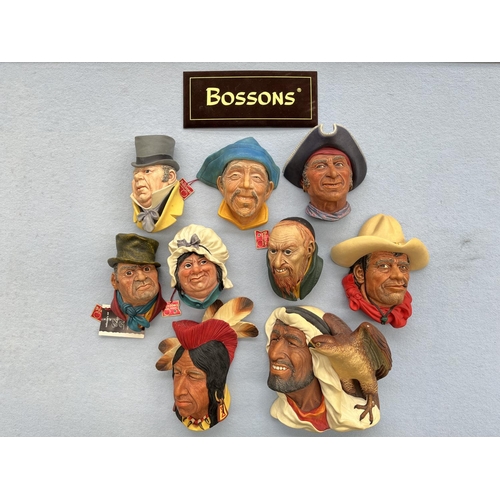 150 - Nine Bossons hand painted chalkware head wall plaques to include Sardinian, Sarah Gamp, Captain Morg... 