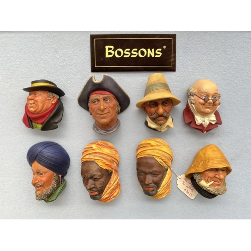 151 - Eight Bossons hand painted chalkware head wall plaques to include Rumanian, Nigerian, Mr Pickwick et... 