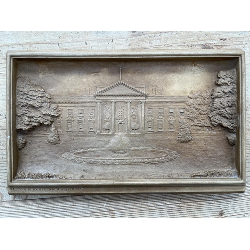 152 - Six Ivorex chalkware wall plaques to include Landing of the Pilgrims 1620, The White House Washing D... 
