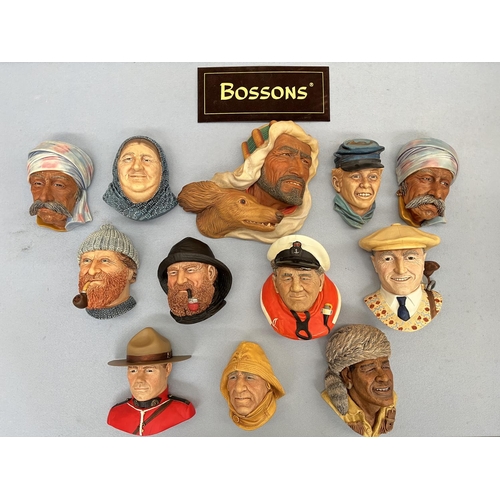 163 - Twelve boxed Bossons hand painted chalkware head wall plaques to include Drummer Boy, Albanian, Fish... 