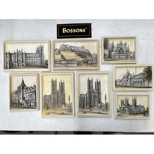 167 - Eight Bossons Ivorex hand painted chalkware wall plaques to include Lincoln Cathedral, Exeter Cathed... 