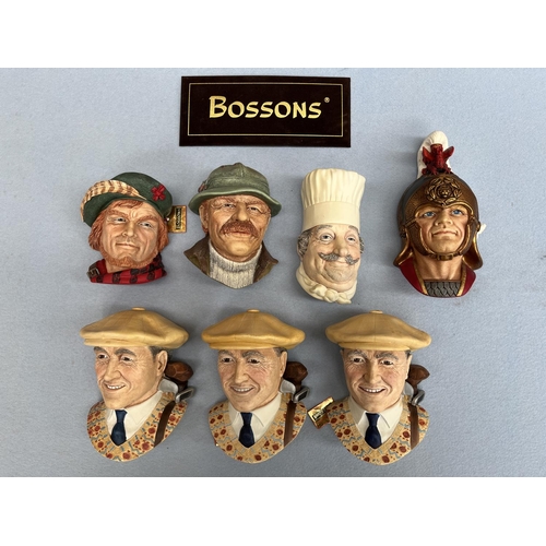 173 - Seven boxed Bossons hand painted chalkware head wall plaques comprising three Golfers, Chef, Rod Roy... 