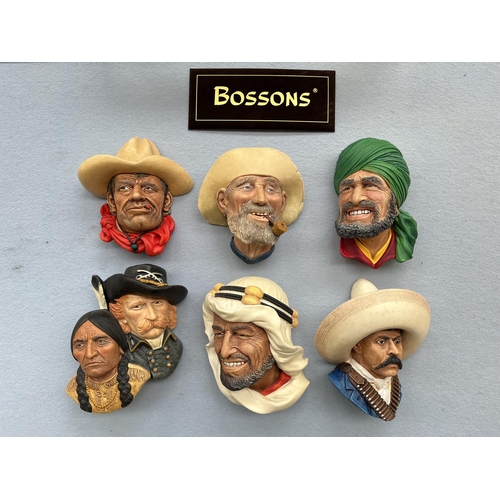 77 - Six boxed Bossons hand painted chalkware head wall plaques to include Rawhide, Old Timer, Sioux Chie... 