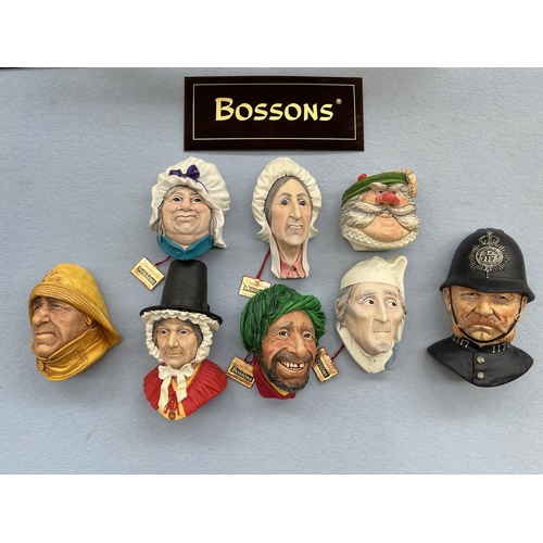 79 - Eight boxed Bossons hand painted chalkware head wall plaques to include Betsey Trotwood, Sarah Gamp,... 
