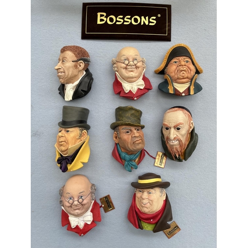 80 - Eight boxed Bossons hand painted chalkware head wall plaques to include Mr Pickwick, Uriah Heep, Mr ... 