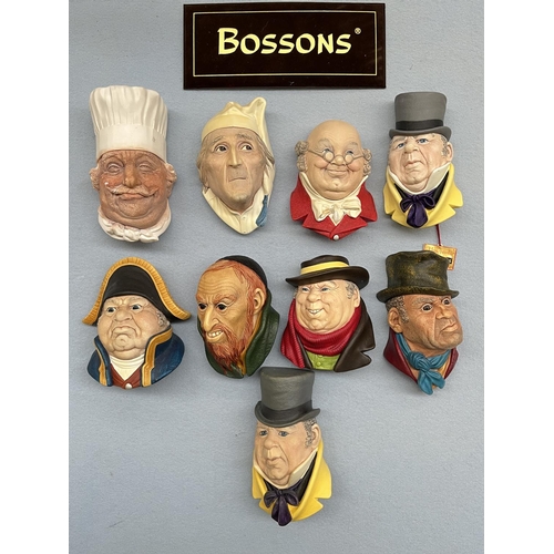86 - Nine Bossons hand painted chalkware head wall plaques to include Chef, Mr Micawber, Mr Bumble etc.
