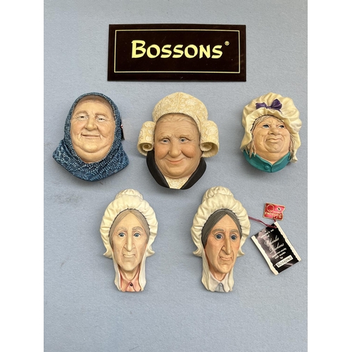 87 - Five Bossons hand painted chalkware head wall plaques to include Betsey Trotwood, Fisherwoman, Sarah... 