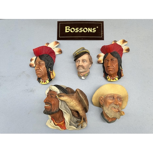88 - Five Bossons hand painted chalkware head wall plaques comprising two Tecumseh, Desert Hawks, Infantr... 