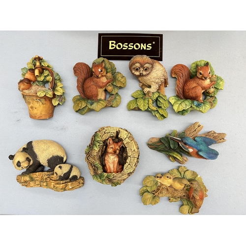 92 - Eight Bossons hand painted chalkware animal wall plaques to include squirrel, owlet, robins, panda a... 