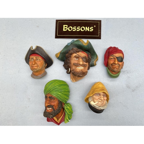 97 - Five Bossons hand painted chalkware head wall plaques to include Old Salt, Captain Kid, Smuggler etc... 
