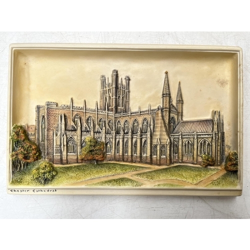 168 - Eight Bossons Ivorex hand painted chalkware wall plaques to include Chester Cathedral, Windsor Castl... 