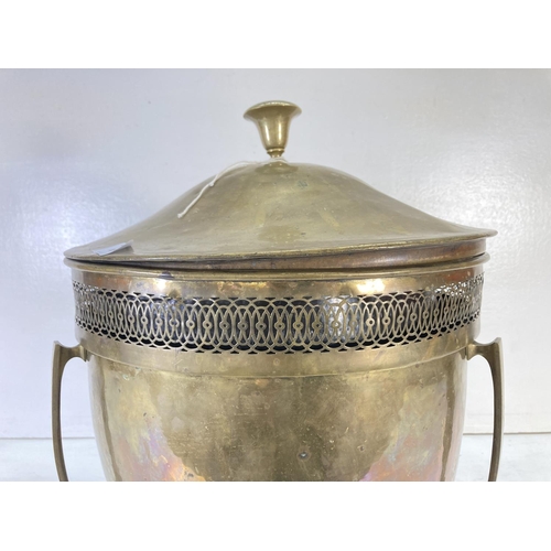 189 - A 19th century style brass circular lidded coal bucket with pierced border, three padded feet and ti... 