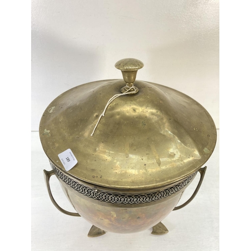 189 - A 19th century style brass circular lidded coal bucket with pierced border, three padded feet and ti... 