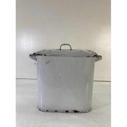 190 - A vintage white enamel twin handled lidded bread bin - approx. 35cm high x 41cm wide