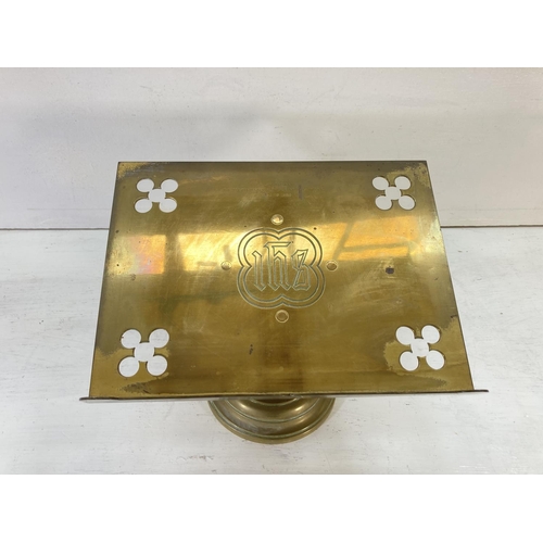 203 - A mid 20th century brass revolving Missal stand with pierced decoration and 'IHS' engraving - approx... 