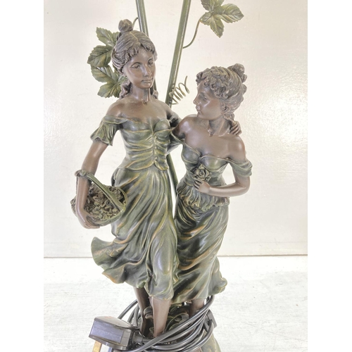 309 - An Art Nouveau style resin figural table lamp with green and amber painted shades - approx. 68cm hig... 