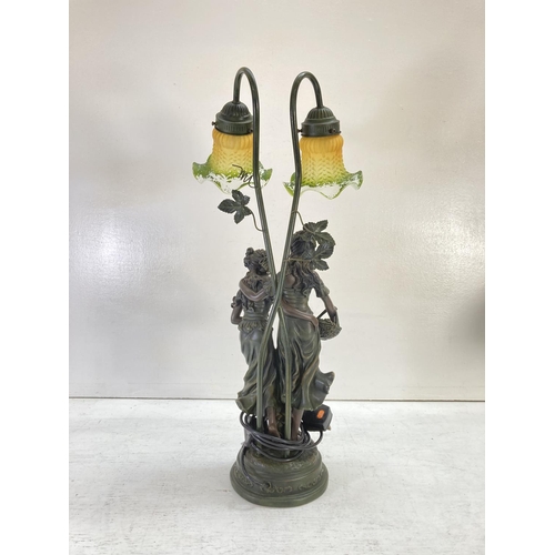 309 - An Art Nouveau style resin figural table lamp with green and amber painted shades - approx. 68cm hig... 