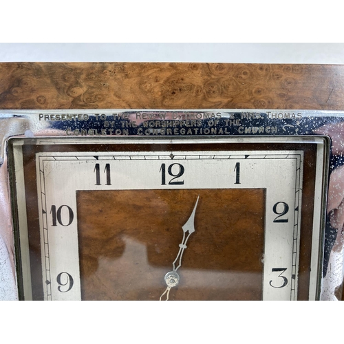 310 - An Art Deco H. Pidduck & Sons Ltd of Hanley burr walnut cased presentation clock - Presented to the ... 