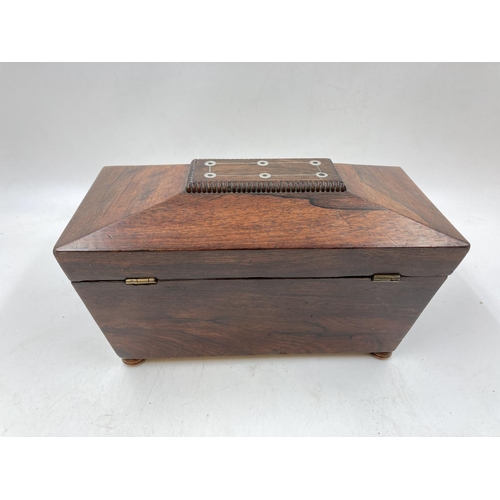 335 - A Regency rosewood and mother of pearl inlaid sarcophagus tea caddy - approx. 19cm high x 30cm wide ... 