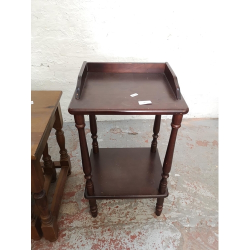 387 - Three pieces of furniture comprising pine nest of three tables, mahogany effect two tier side table ... 