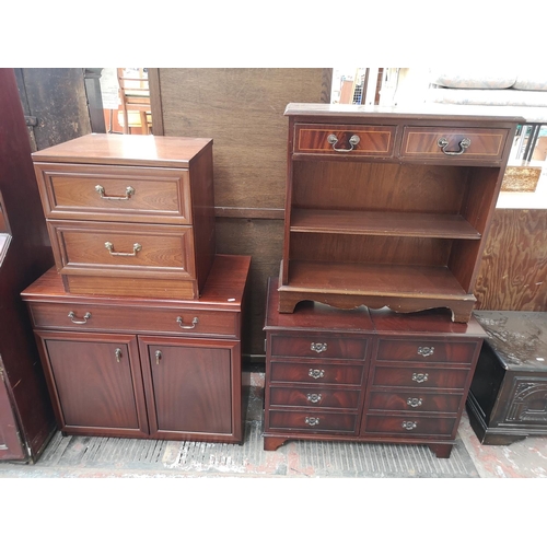 410 - Four pieces of mahogany effect furniture comprising two door media cabinet, Georgian style two tier ... 