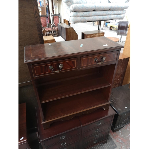 410 - Four pieces of mahogany effect furniture comprising two door media cabinet, Georgian style two tier ... 